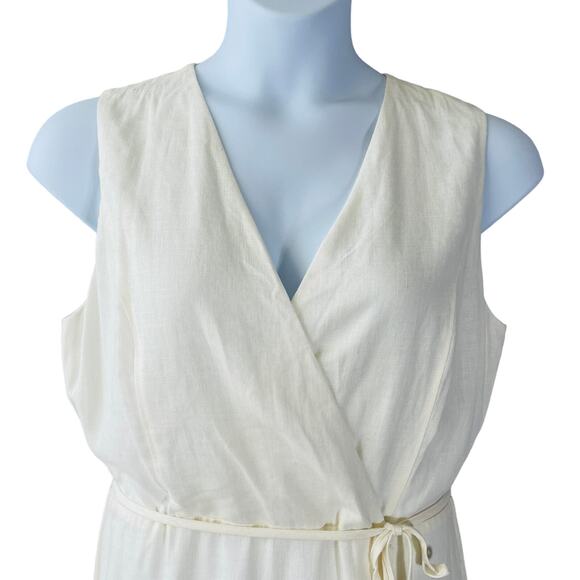 DKNY Cream Linen Blend Sleeveless Midi Dress with Self Belt Size 12 - Picture 2 of 5